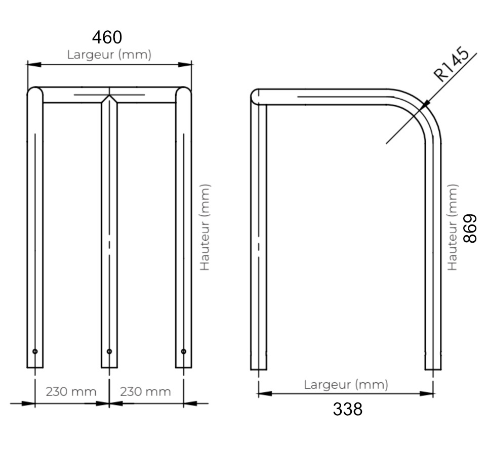 dimensions étrier protection 3 pieds inox