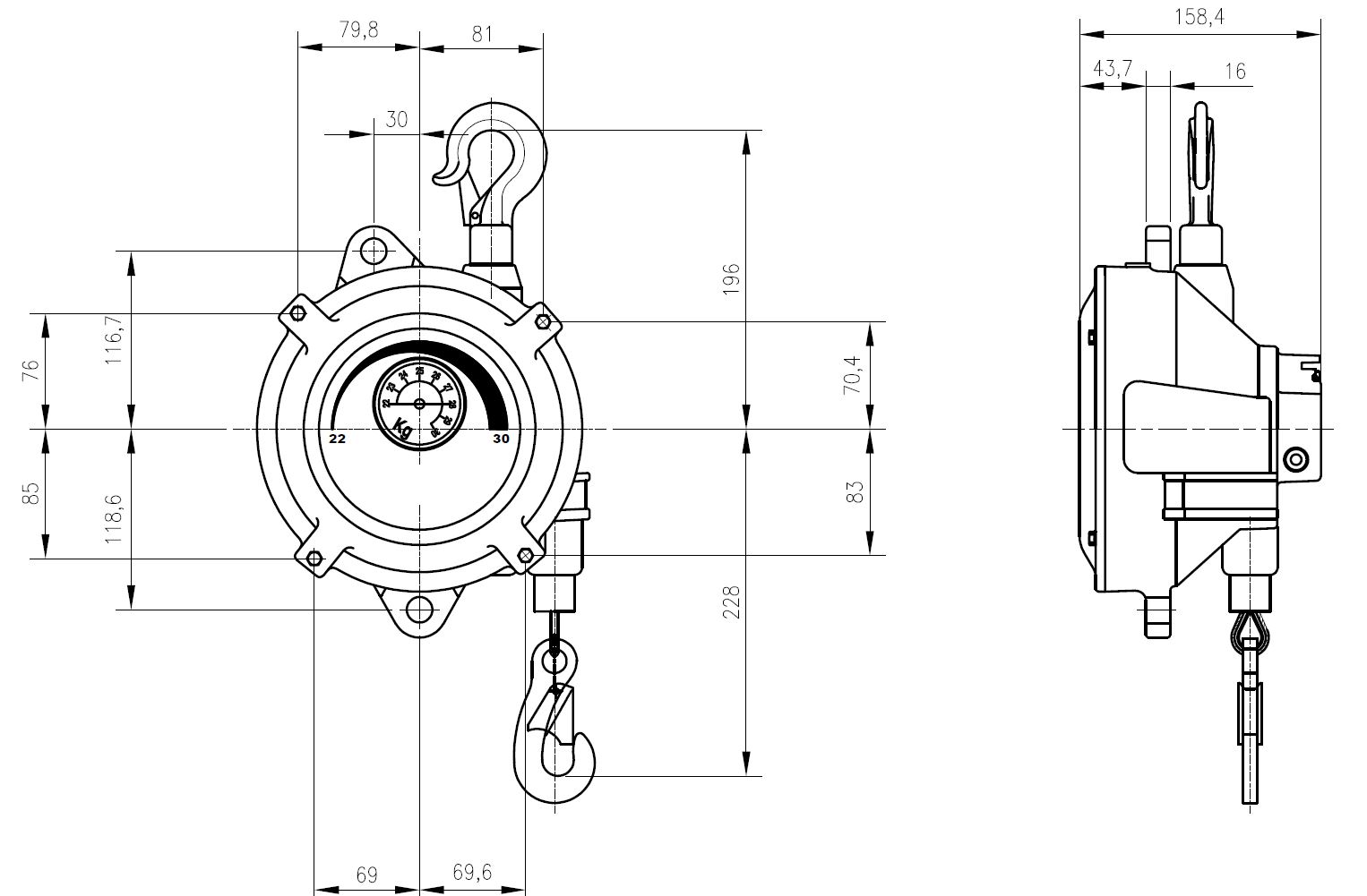 Dimensions de l'équilibreur de charge 22 et 30 kg