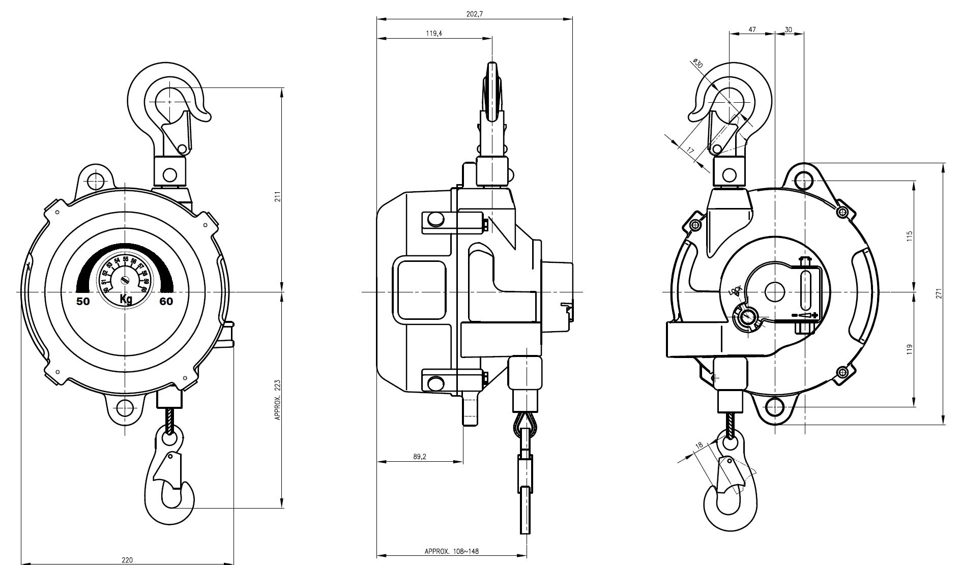 Dimensions de l'équilibreur de charge 60 et 70 kg