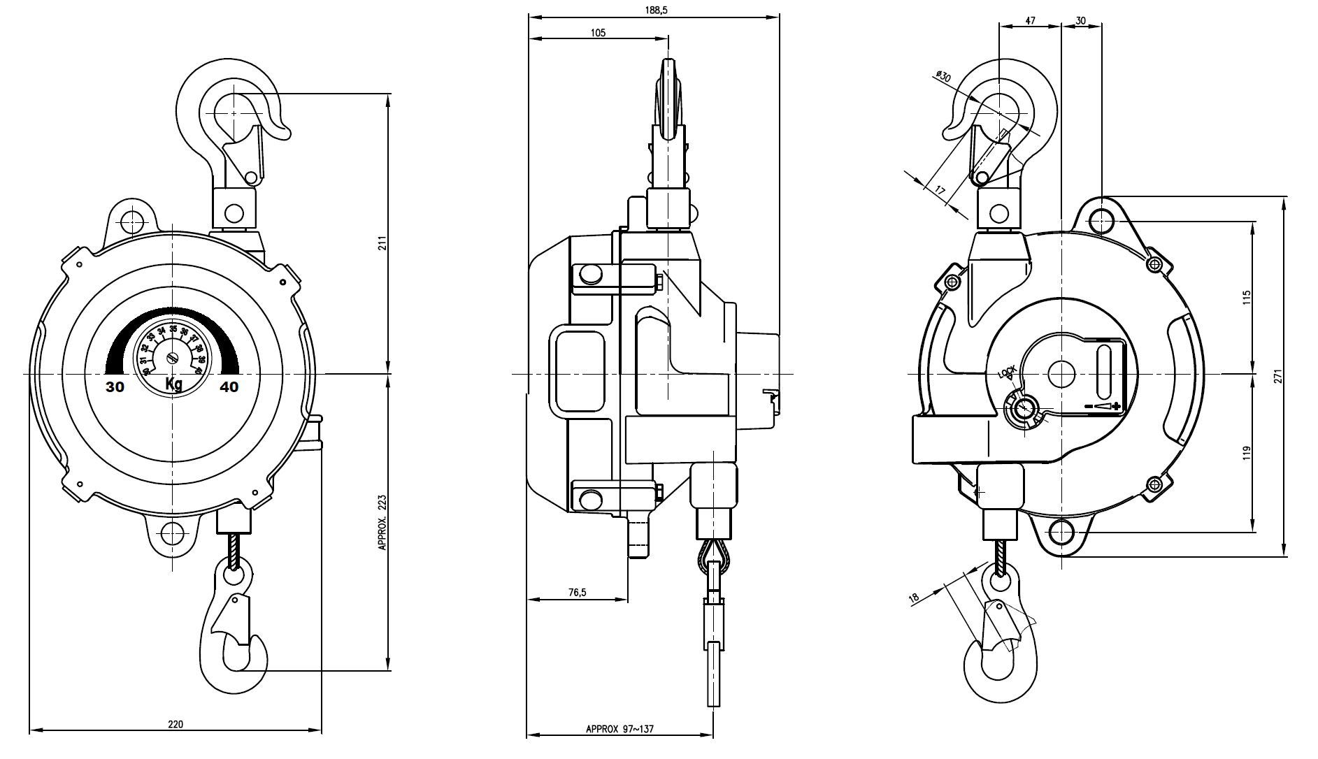 Dimensions de l'équilibreur charge 40 et 50 kg
