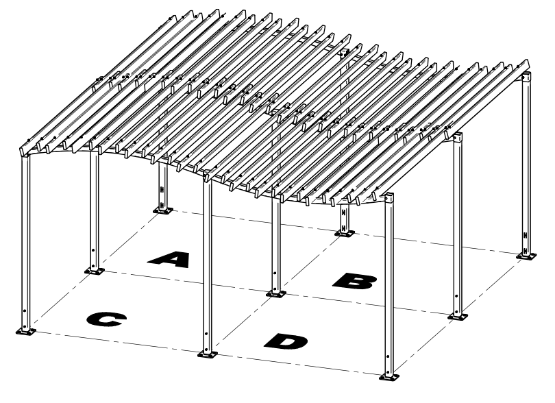 schema pergola initiale sur 4 pieds avec 1 extension latérale sur 2 pieds, 1 extension frontale sur 2 pieds et 1 extension frontale sur 1 pied