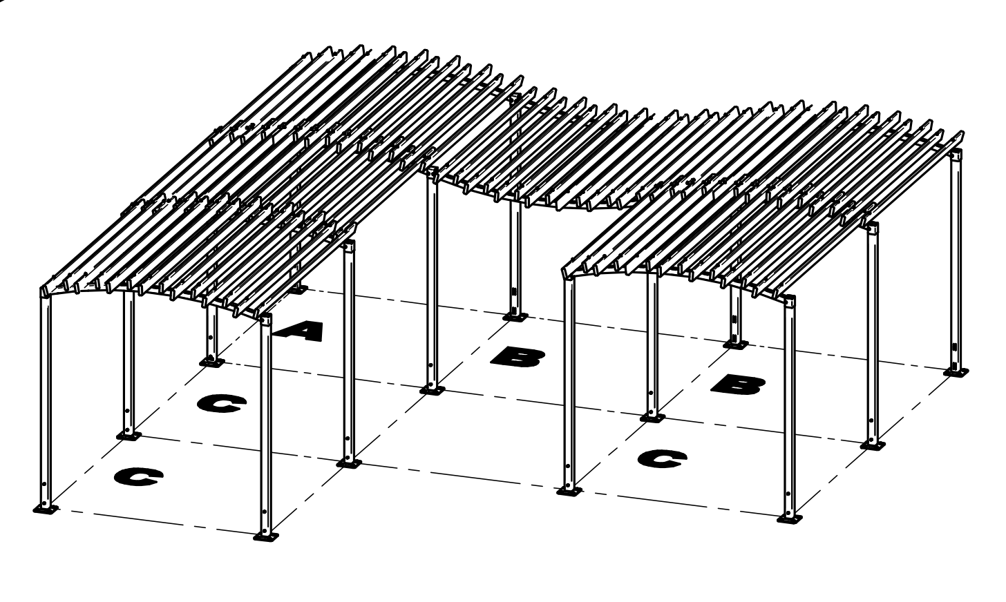 schema pergola initiale sur 4 pieds avec 2 extensions latérale sur 2 pieds et 3 extensions frontale sur 2 pieds