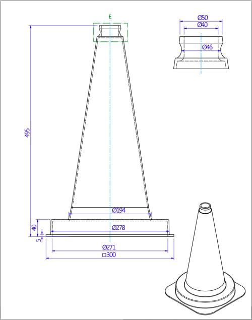 Schéma technique du cône de signalisation de 500 mm non lesté