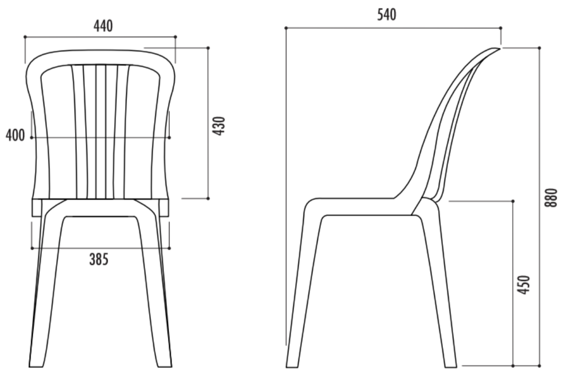 Schéma avec dimensions de la chaise de réception en plastique empilable