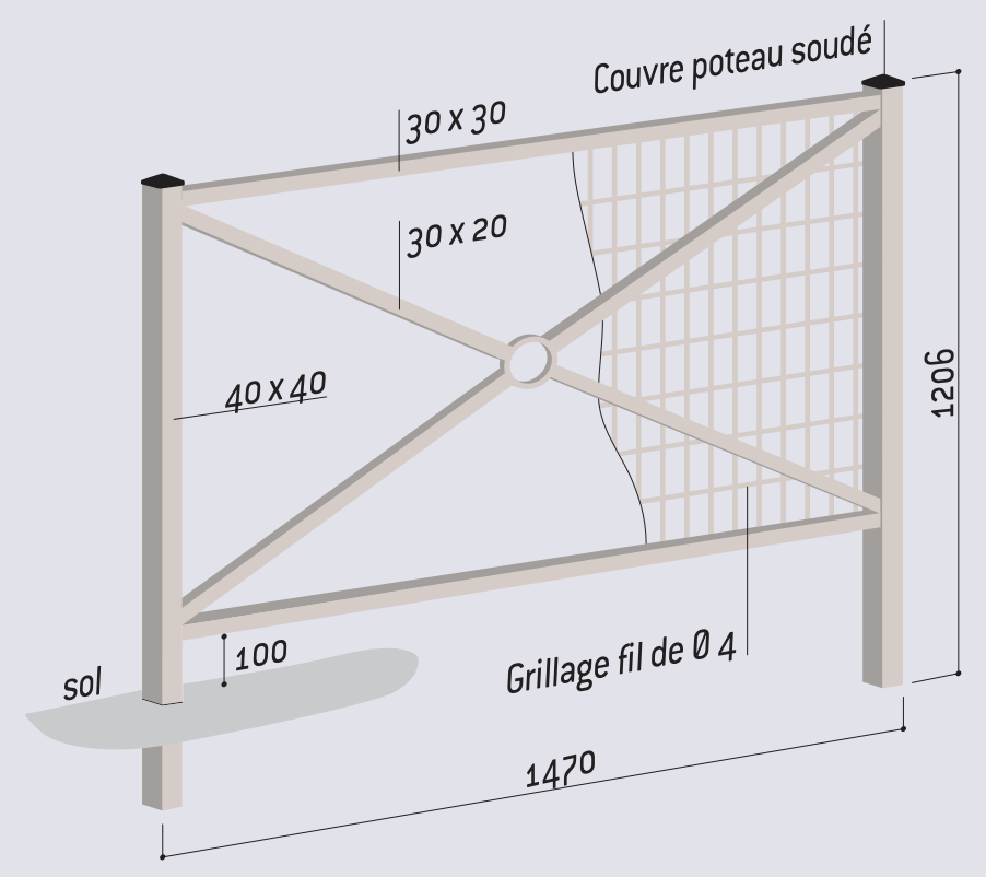 Schéma avec dimensions de la barrière croix de saint andré L. 1470 mm